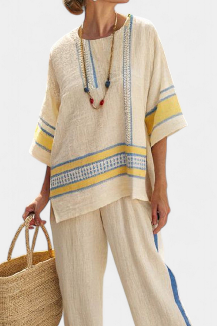Jaxmere | Comfortable Blue-Yellow Mediterranean Top &amp; Linen Trousers