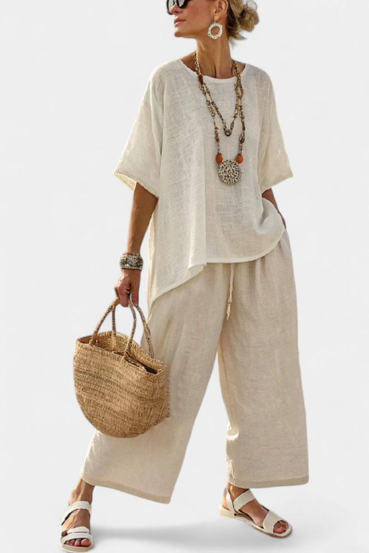 Drevon | Comfortable Minimalist Raw Blouse &amp; Wide-Leg Trousers