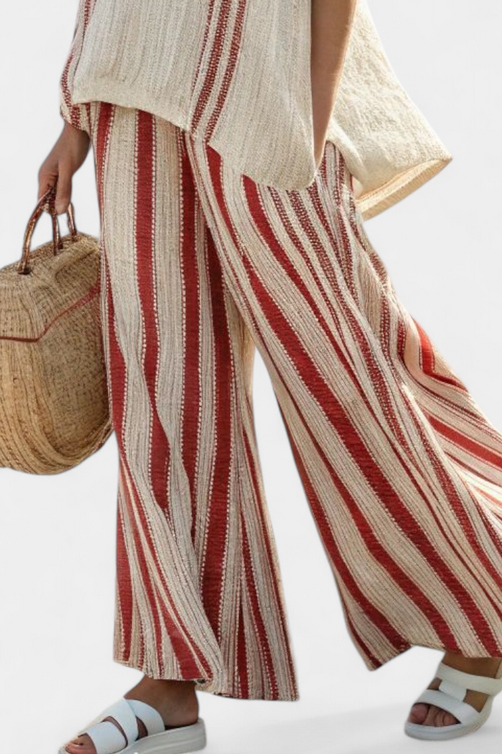 Mirella | Sophisticated Textured Red-Stripe Top &amp; Linen Trousers