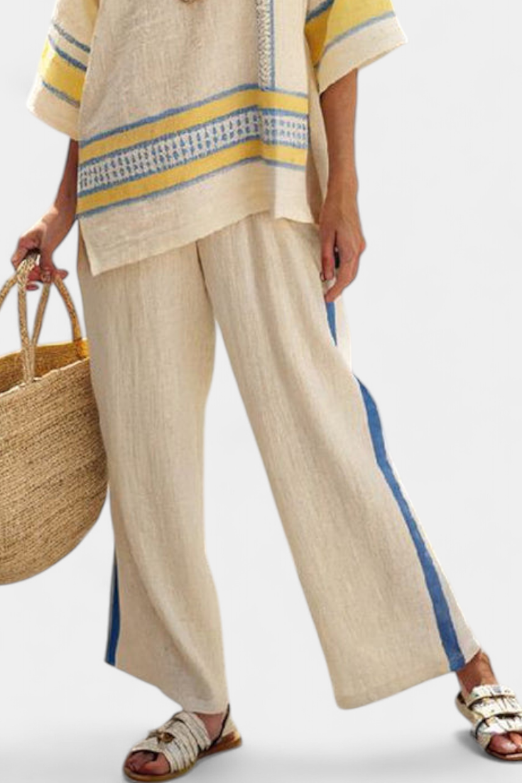 Jaxmere | Comfortable Blue-Yellow Mediterranean Top &amp; Linen Trousers