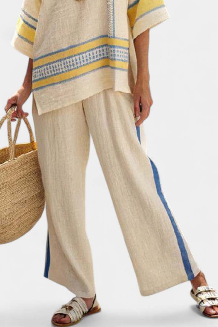 Jaxmere | Comfortable Blue-Yellow Mediterranean Top &amp; Linen Trousers