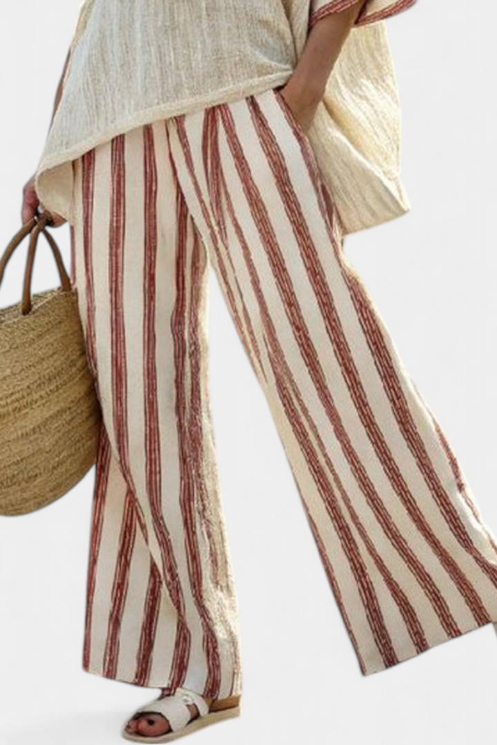 Braelith | Elegant Rustic Striped Top &amp; Cream Linen Trousers
