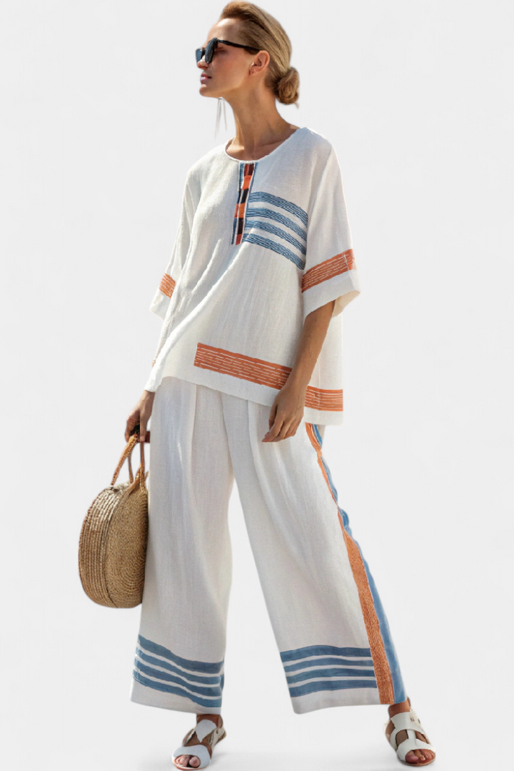 Marcellin | Sophisticated Blue-Orange Striped Top &amp; Trousers