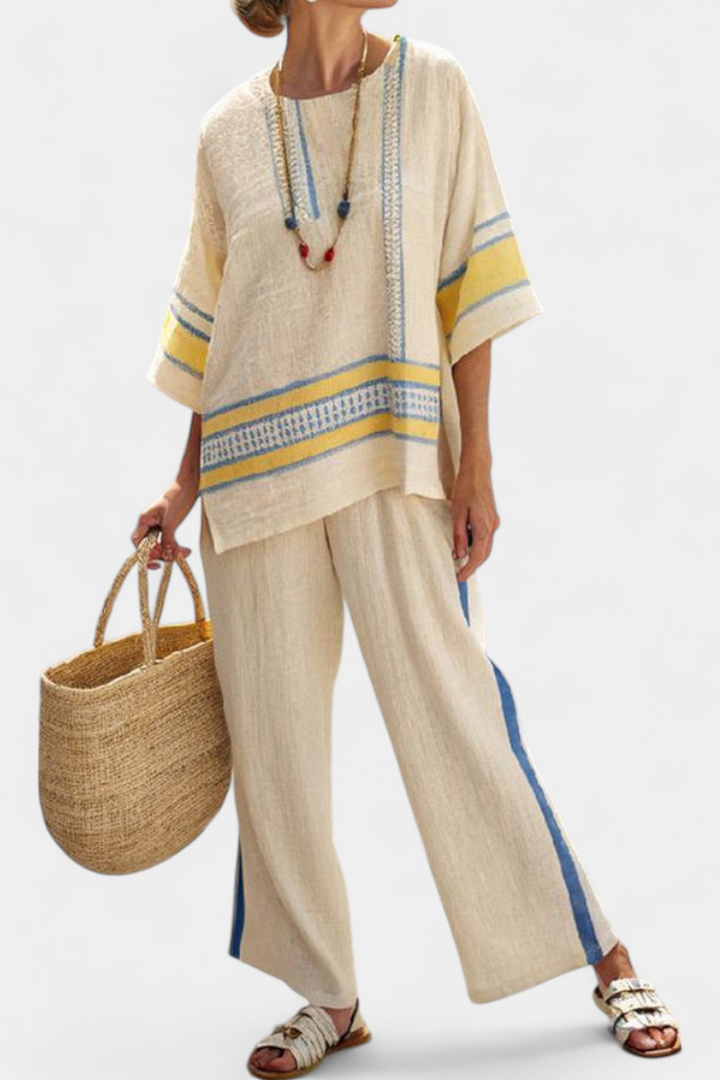Jaxmere | Comfortable Blue-Yellow Mediterranean Top &amp; Linen Trousers