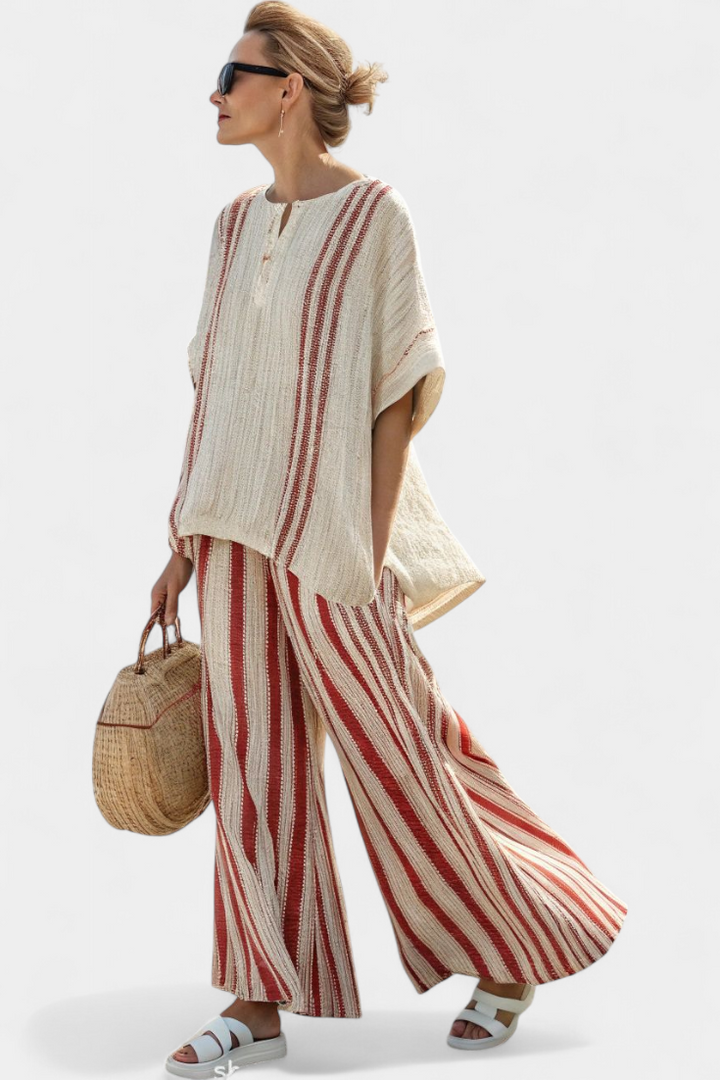 Mirella | Sophisticated Textured Red-Stripe Top &amp; Linen Trousers