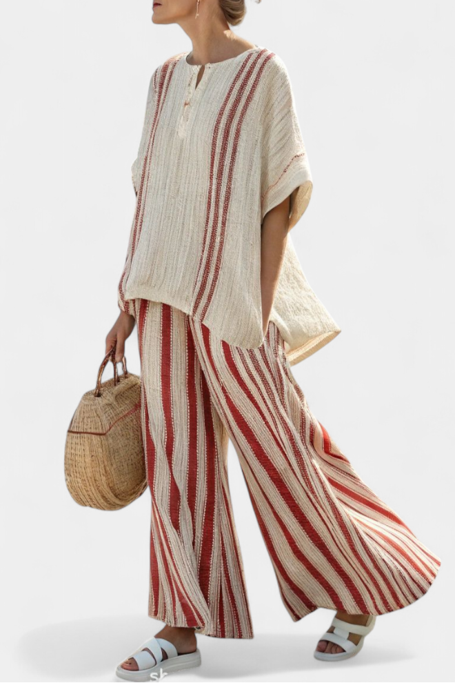 Mirella | Sophisticated Textured Red-Stripe Top &amp; Linen Trousers