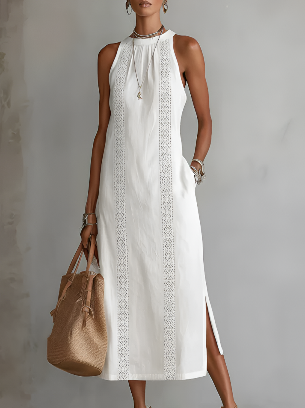 Mara | Relaxed Embroidered Mandarin Collar Midi Dress